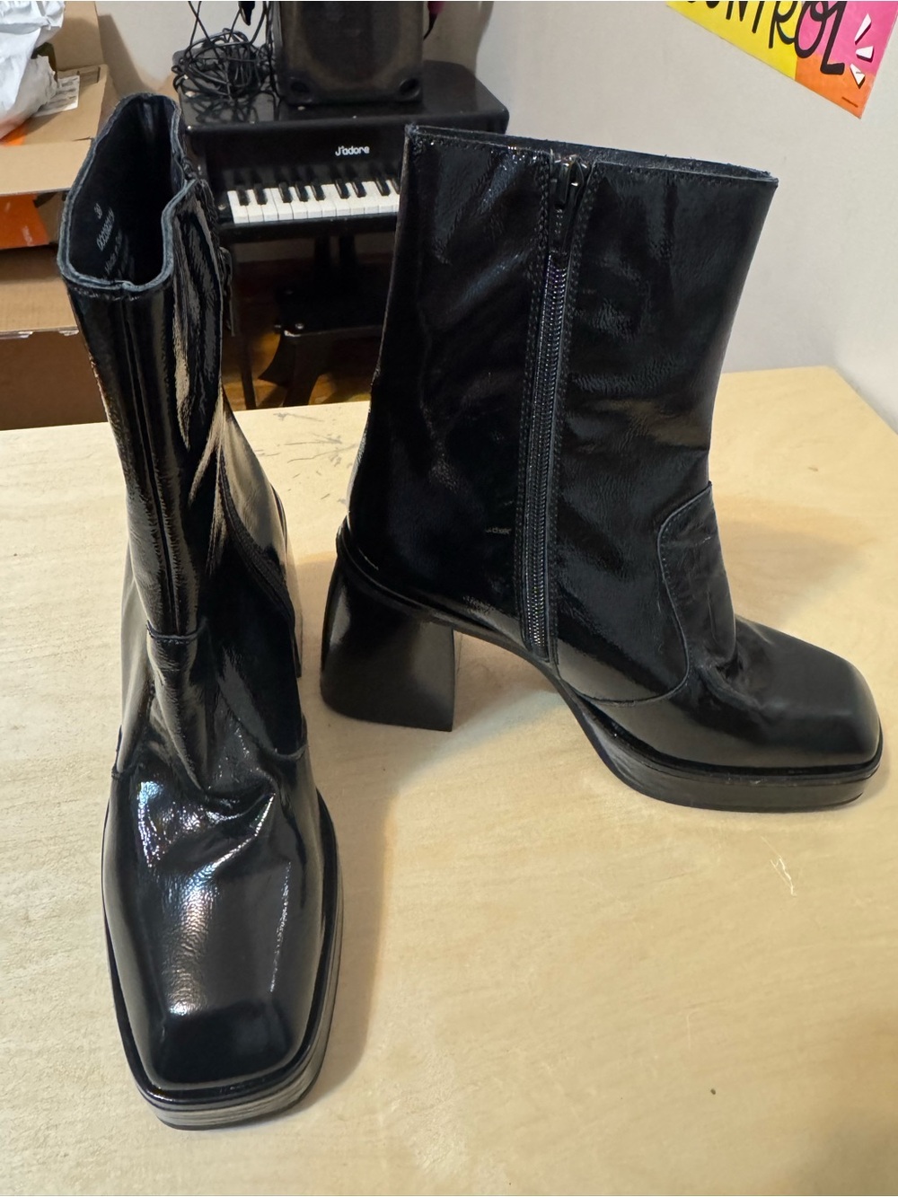 Free People Black Patent Square-Toe Block Heel Ankle Boots